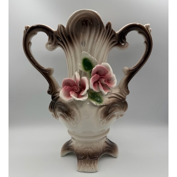 Vintage Capodimonte Porcelain Vase Italy Floral Applied Roses Double Handle 13